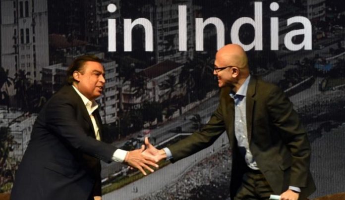 Microsoft CEO Satya Nadella with Mukesh Ambani during the Microsoft Future Decoded Summit on February 24, 2020 in Mumbai, India